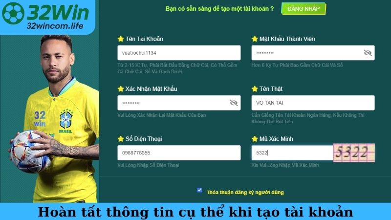 Hoàn tất thông tin cụ thể khi tạo tài khoản