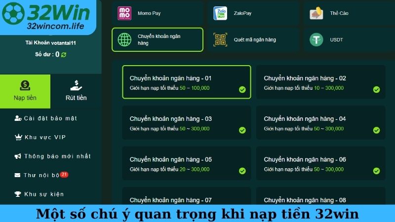 Một số chú ý quan trọng khi nạp tiền 32win